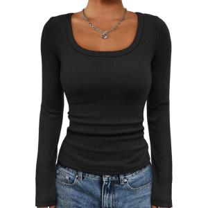 imageATHMILE Womens Scoop Neck Long Sleeve Tops Fashion Ribbed Knit Shirts Slim Fitted Casual Basic Tee T Shirt for Women 2026Ablack