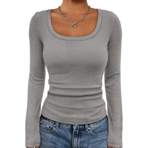imageATHMILE Womens Scoop Neck Long Sleeve Tops Fashion Ribbed Knit Shirts Slim Fitted Casual Basic Tee T Shirt for Women 2026Aheather Grey
