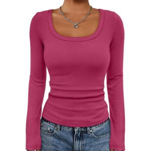 imageATHMILE Womens Scoop Neck Long Sleeve Tops Fashion Ribbed Knit Shirts Slim Fitted Casual Basic Tee T Shirt for Women 2026Ahot Pink
