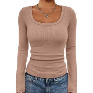 imageATHMILE Womens Scoop Neck Long Sleeve Tops Fashion Ribbed Knit Shirts Slim Fitted Casual Basic Tee T Shirt for Women 2026Apink