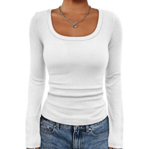 imageATHMILE Womens Scoop Neck Long Sleeve Tops Fashion Ribbed Knit Shirts Slim Fitted Casual Basic Tee T Shirt for Women 2026Awhite
