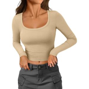 imageATHMILE Womens Scoop Neck Long Sleeve Tops Fashion Ribbed Knit Shirts Slim Fitted Casual Basic Tee T Shirt for Women 2026Blight Beige