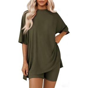 imageATHMILE Womens Two Piece Short Lounge Sets Spring Summer Casual Oversized Shirts Airport Travel Outfit Beach Vacation 2026Army Green