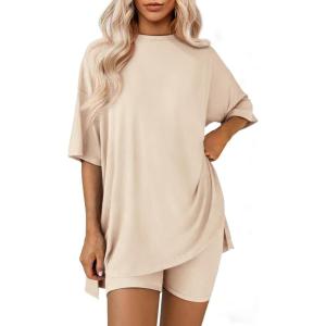imageATHMILE Womens Two Piece Short Lounge Sets Spring Summer Casual Oversized Shirts Airport Travel Outfit Beach Vacation 2026Beige