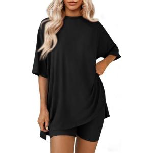 imageATHMILE Womens Two Piece Short Lounge Sets Spring Summer Casual Oversized Shirts Airport Travel Outfit Beach Vacation 2026Black