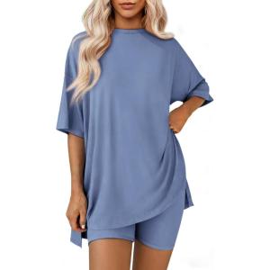 imageATHMILE Womens Two Piece Short Lounge Sets Spring Summer Casual Oversized Shirts Airport Travel Outfit Beach Vacation 2026Blue