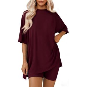 imageATHMILE Womens Two Piece Short Lounge Sets Spring Summer Casual Oversized Shirts Airport Travel Outfit Beach Vacation 2026Wine Red