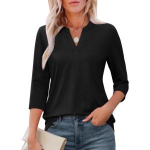 imageATHMILE Womens V Neck 34 Sleeve T Shirts Spring Summer Tops Tunic Casual Tees Henley Beach Vacation Basic Fashion ClothesHalfblack