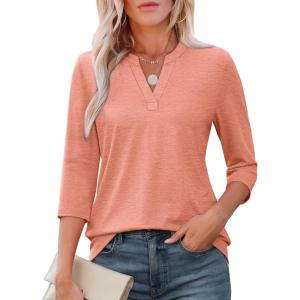 imageATHMILE Womens V Neck 34 Sleeve T Shirts Spring Summer Tops Tunic Casual Tees Henley Beach Vacation Basic Fashion ClothesHalfcoral Pink