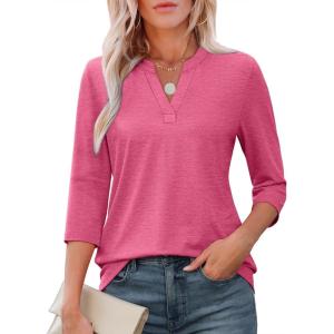 imageATHMILE Womens V Neck 34 Sleeve T Shirts Spring Summer Tops Tunic Casual Tees Henley Beach Vacation Basic Fashion ClothesHalfhot Pink