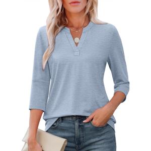 imageATHMILE Womens V Neck 34 Sleeve T Shirts Spring Summer Tops Tunic Casual Tees Henley Beach Vacation Basic Fashion ClothesHalflight Blue