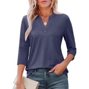 imageATHMILE Womens V Neck 34 Sleeve T Shirts Spring Summer Tops Tunic Casual Tees Henley Beach Vacation Basic Fashion ClothesHalfnavy Blue