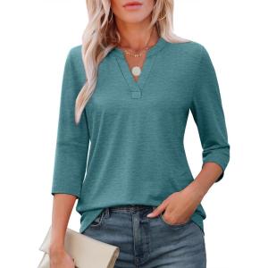 imageATHMILE Womens V Neck 34 Sleeve T Shirts Spring Summer Tops Tunic Casual Tees Henley Beach Vacation Basic Fashion ClothesHalfteal Green