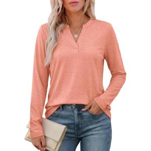 imageATHMILE Womens V Neck 34 Sleeve T Shirts Spring Summer Tops Tunic Casual Tees Henley Beach Vacation Basic Fashion ClothesLongcoral Pink