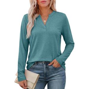 imageATHMILE Womens V Neck 34 Sleeve T Shirts Spring Summer Tops Tunic Casual Tees Henley Beach Vacation Basic Fashion ClothesLongteal Green