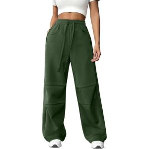 imageATHMILE Womens Wide Leg Sweatpants Baggy Y2K Cargo Pants Drawstring Waist Lounge Joggers Trendy Knee Pleated SweatsGreen