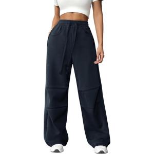 imageATHMILE Womens Wide Leg Sweatpants Baggy Y2K Cargo Pants Drawstring Waist Lounge Joggers Trendy Knee Pleated SweatsNavy Blue