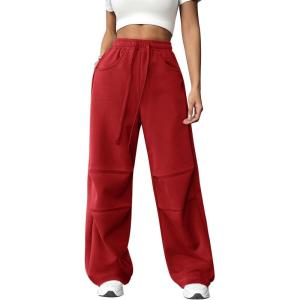 imageATHMILE Womens Wide Leg Sweatpants Baggy Y2K Cargo Pants Drawstring Waist Lounge Joggers Trendy Knee Pleated SweatsRed