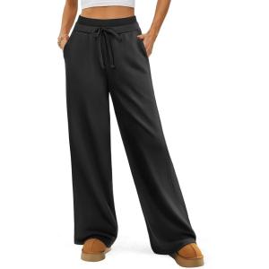 imageATHMILE Womens Wide Leg Sweatpants Double Waisted Baggy Sweat Pants with Pockets Fashion Casual Gym Fall Winter ClothesBlack