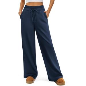 imageATHMILE Womens Wide Leg Sweatpants Double Waisted Baggy Sweat Pants with Pockets Fashion Casual Gym Fall Winter ClothesNavy Blue