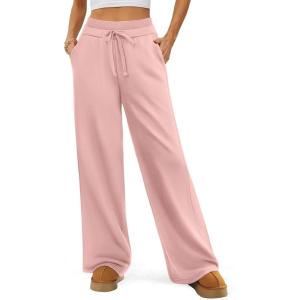 imageATHMILE Womens Wide Leg Sweatpants Double Waisted Baggy Sweat Pants with Pockets Fashion Casual Gym Fall Winter ClothesPink