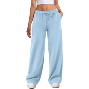 imageATHMILE Womens Wide Leg Sweatpants High Waisted Baggy Interior Drawstring Joggers Straight Leg Sweat Pants with PocketsLight Blue