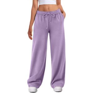 imageATHMILE Womens Wide Leg Sweatpants High Waisted Baggy Interior Drawstring Joggers Straight Leg Sweat Pants with PocketsLight Purple