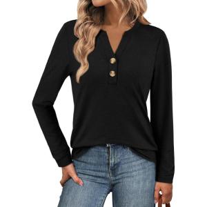 imageATHMILE Long Sleeve Shirts for Women 2026 Fall Outfits Henley Dressy Casual Tops Trendy Blouses Cute TShirts Fashion ClothesBlack