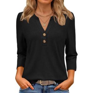 imageATHMILE Long Sleeve Shirts for Women 2026 Fall Outfits Henley Dressy Casual Tops Trendy Blouses Cute TShirts Fashion ClothesHalfblack