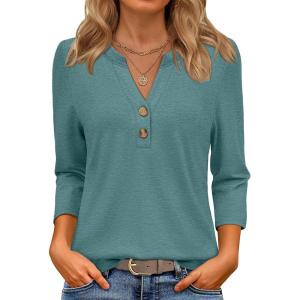 imageATHMILE Long Sleeve Shirts for Women 2026 Fall Outfits Henley Dressy Casual Tops Trendy Blouses Cute TShirts Fashion ClothesHalfblue Green