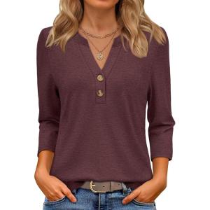 imageATHMILE Long Sleeve Shirts for Women 2026 Fall Outfits Henley Dressy Casual Tops Trendy Blouses Cute TShirts Fashion ClothesHalfburgundy