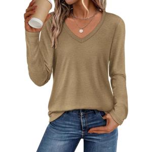 imageATHMILE Womens 2026 Fall Long Sleeve Shirts Basic Apparel Shirts Trendy V Neck Tshirt for Women Curved Hem TopsCoffee