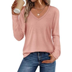 imageATHMILE Womens 2026 Fall Long Sleeve Shirts Basic Apparel Shirts Trendy V Neck Tshirt for Women Curved Hem TopsPink