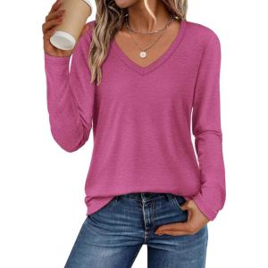 imageATHMILE Womens 2026 Fall Long Sleeve Shirts Basic Apparel Shirts Trendy V Neck Tshirt for Women Curved Hem TopsRose Red