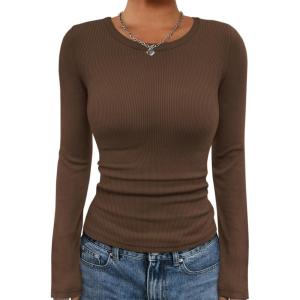 imageATHMILE Womens Long Sleeve CrewneckV Neck Ribbed Tops Fall Fitted Stretch Casual Basic T Shirts 2026Abrown