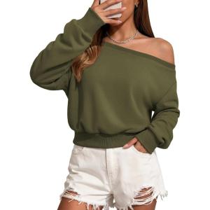 imageATHMILE Womens Off the Shoulder Sweatshirt Crop Top Long Sleeve Pullover Comfy Sexy Y2K Casual Fall Outfits 2026Army Green