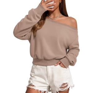 imageATHMILE Womens Off the Shoulder Sweatshirt Crop Top Long Sleeve Pullover Comfy Sexy Y2K Casual Fall Outfits 2026Coffee Grey
