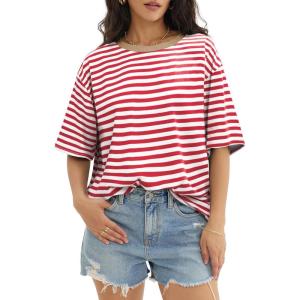 imageATHMILE Womens Oversized T Shirts Casual Tee Workout Tops Gym Clothes Summer Loose Fit Short Sleeve Graphics Basic Y2K 2026Striped Red  White