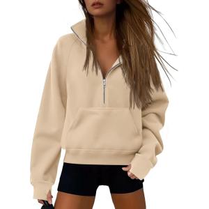 imageATHMILE Womens Sweatshirts Half Zip Cropped Pullover Fleece Quarter Zipper Hoodies 2026 Fall Fashion Outfits ClothesApricot