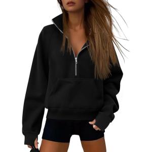 imageATHMILE Womens Sweatshirts Half Zip Cropped Pullover Fleece Quarter Zipper Hoodies 2026 Fall Fashion Outfits ClothesBlack