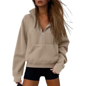 imageATHMILE Womens Sweatshirts Half Zip Cropped Pullover Fleece Quarter Zipper Hoodies 2026 Fall Fashion Outfits ClothesCoffeegrey