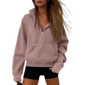 imageATHMILE Womens Sweatshirts Half Zip Cropped Pullover Fleece Quarter Zipper Hoodies 2026 Fall Fashion Outfits ClothesDarkpink