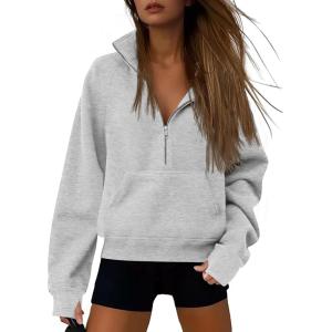 imageATHMILE Womens Sweatshirts Half Zip Cropped Pullover Fleece Quarter Zipper Hoodies 2026 Fall Fashion Outfits ClothesGrey