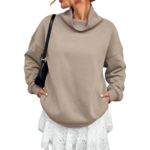 imageATHMILE Fleece Sweatshirt for Women Oversized Sweatshirts with Pockets Turtleneck Pullover Fashion Outfits Clothes 2026Coffeegrey