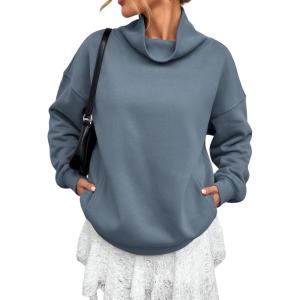 imageATHMILE Fleece Sweatshirt for Women Oversized Sweatshirts with Pockets Turtleneck Pullover Fashion Outfits Clothes 2026Gray Blue