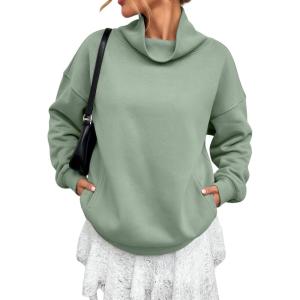 imageATHMILE Fleece Sweatshirt for Women Oversized Sweatshirts with Pockets Turtleneck Pullover Fashion Outfits Clothes 2026Gray Green