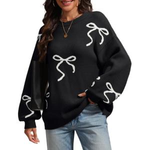 imageATHMILE Fall Sweaters for Women 2026 Fashion Cute Bow Knit Pullover Trendy Long Sleeve Oversized Sweater Winter ClothingBlack