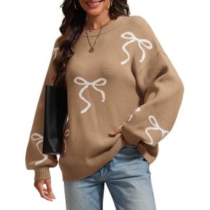 imageATHMILE Fall Sweaters for Women 2026 Fashion Cute Bow Knit Pullover Trendy Long Sleeve Oversized Sweater Winter ClothingCamel