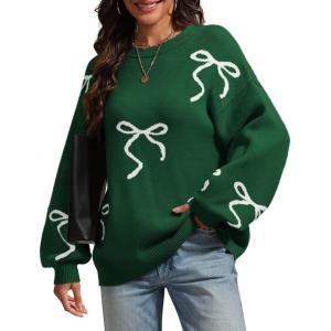 imageATHMILE Fall Sweaters for Women 2026 Fashion Cute Bow Knit Pullover Trendy Long Sleeve Oversized Sweater Winter ClothingGreen