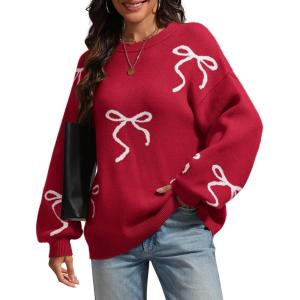 imageATHMILE Fall Sweaters for Women 2026 Fashion Cute Bow Knit Pullover Trendy Long Sleeve Oversized Sweater Winter ClothingRed